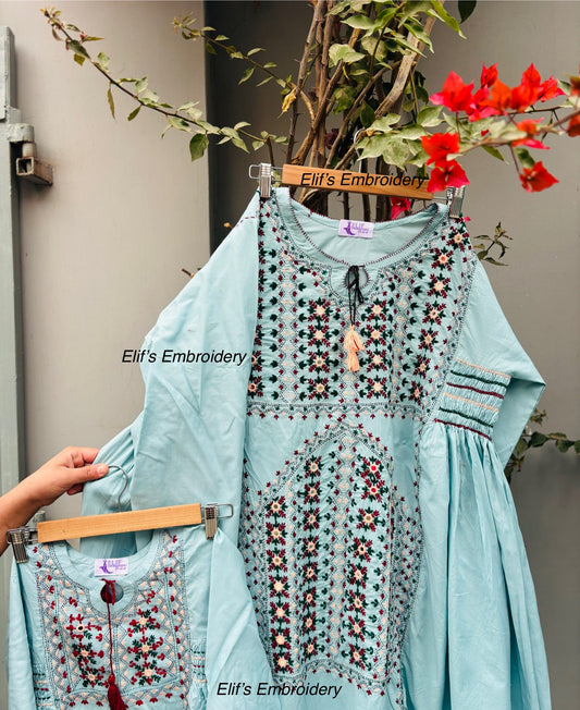 Derya - 2Pc Mom Daughter Embroidered Suit