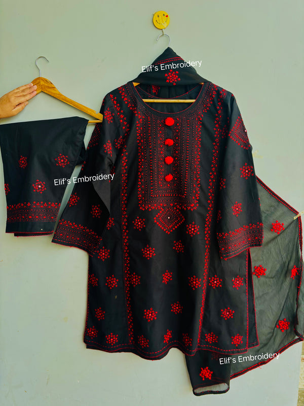 Shahr Bano Black - 3Pc Hand Embroidered Suit