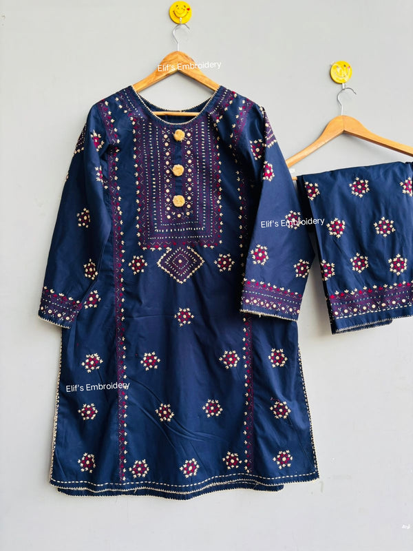 Shahr Bano Blue - 3Pc Hand Embroidered Suit