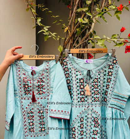 Derya - 2Pc Mom Daughter Embroidered Suit
