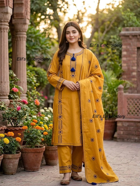 Mustard Bloom 3Pc Hand Embroidered Suit