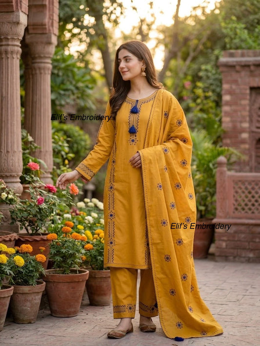 Mustard Bloom 3Pc Hand Embroidered Suit