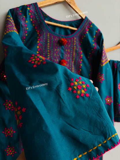 Shahr Bano Blue - 3Pc Hand Embroidered Suit